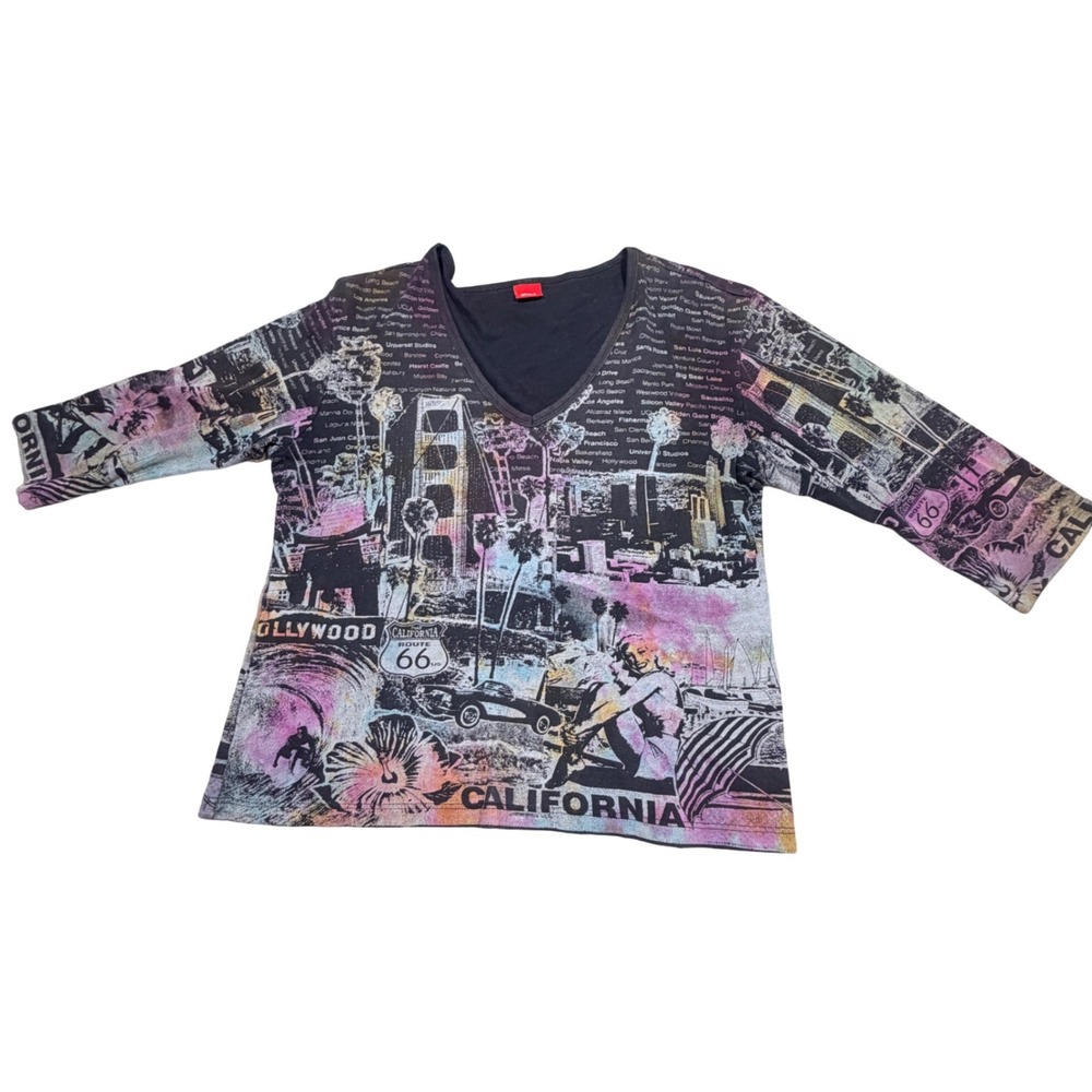 VTG Glima California Graphic V-Neck Top Women XL Stretch Indie Y2K Grunge